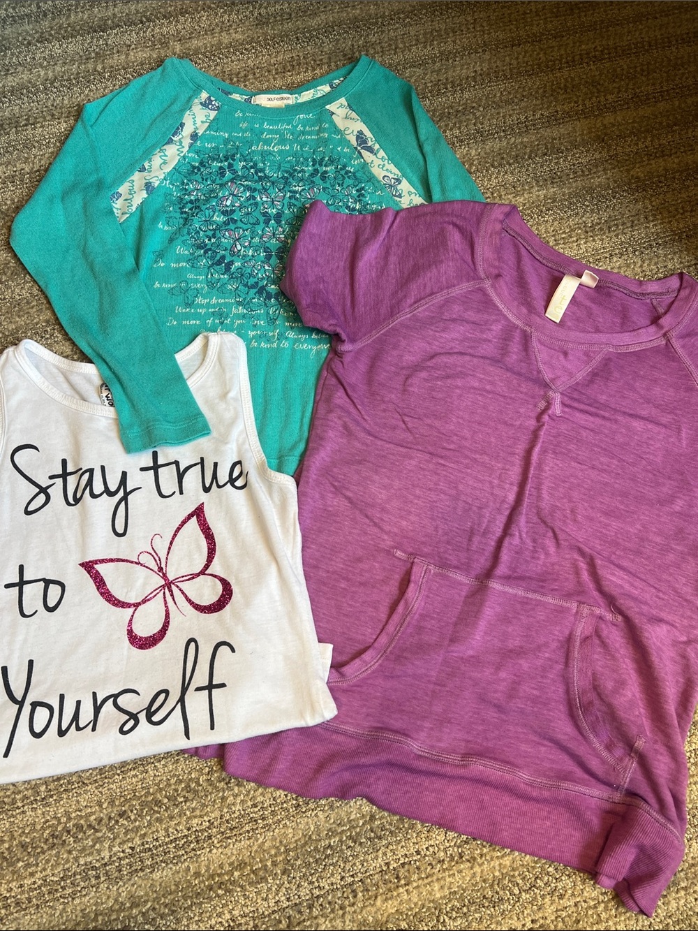 GreenTea purple short sleeve, Knit Works white tank, Self Esteem turquoise.
